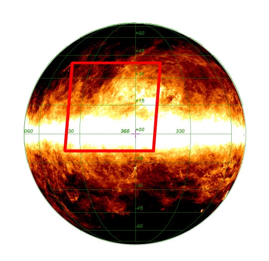 Région du ciel couverte par les images Planck. Le satellite est capable de balayer une large région pour en donner un aperçu panoramique. Crédits : ESA et le consortium HFI, A. Mellinger.