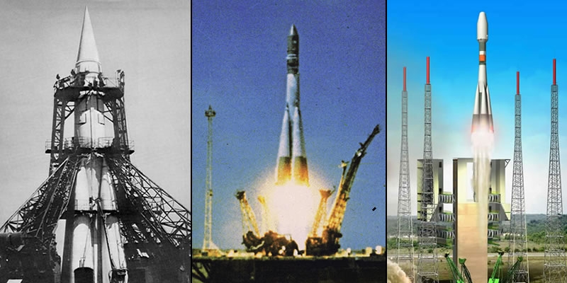 Soyuz through the ages... From left to right : the Semiorka-Sputnik launch vehicule (1957), Gagarin launch vehicle (1961) and artist&#039;s view of the new version launched from Guiana (Crédits : CNES/D. Ducros)