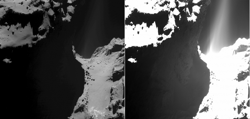 2 images de la région du cou, prises le 20 octobre 2014 par la caméra OSIRIS-WAC à 7,2 km de distance. Pose de 1 s à gauche et de 18,45 s à droite. Crédits : ESA/Rosetta/MPS for OSIRIS Team MPS/UPD/LAM/IAA/SSO/INTA/UPM/DASP/IDA.