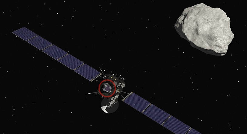 Rosetta flanquée de son atterrisseur Philae (à l&#039;intérieur du cercle rouge) doit rejoindre la comète 67P/Churyumov-Garasimenko, à l&#039;approche de l&#039;été. Crédits : CNES/ill. J. Huart.